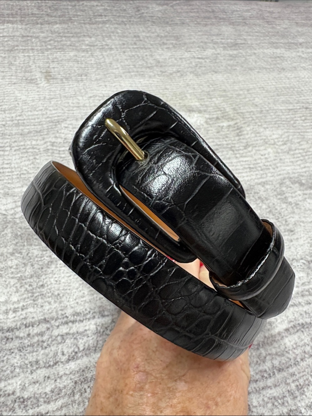 NWT Lauren Ralph Lauren Adjustable Black Italian Leather Belt Sz M Croc Embossed